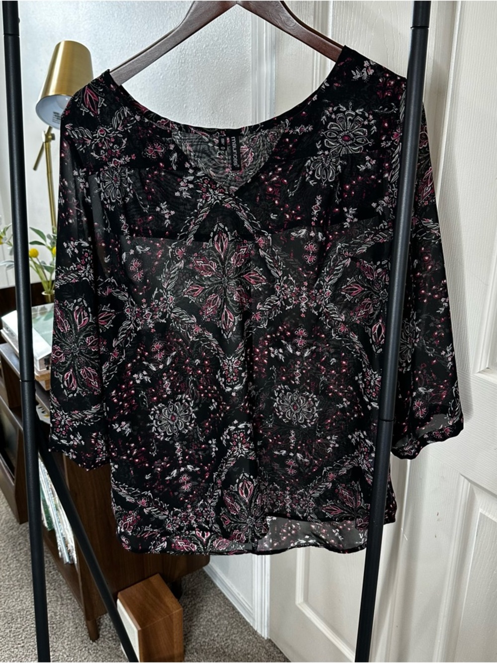 Maurices Black Floral-Print Sheer Blouse with Pink Accents ❄️